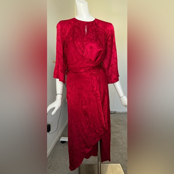 Zara Jacquard Midi Red‎ Asymmetrical Dress XS - Picture 5 of 14